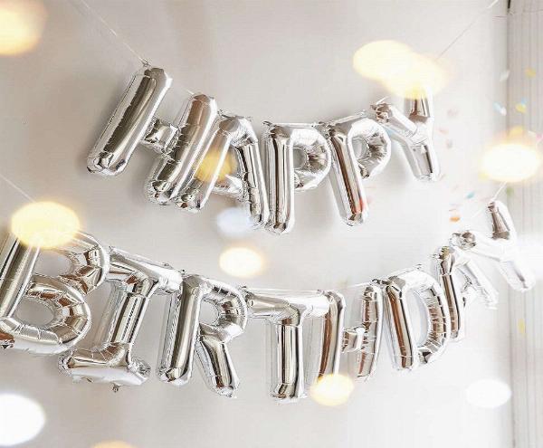 Bong bóng dây treo chữ Happy Birthday màu bạc